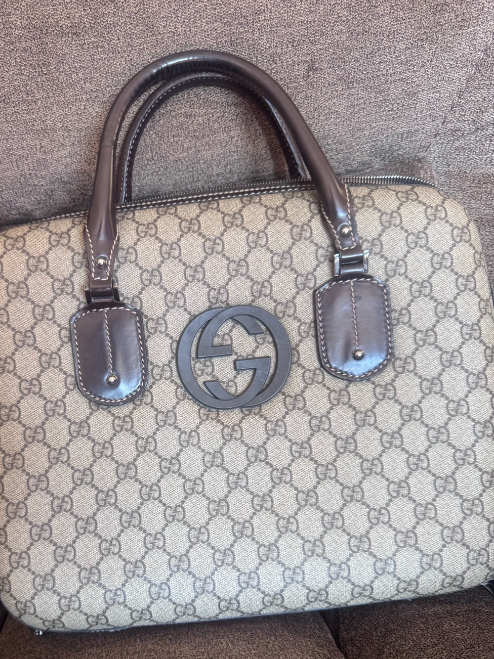 Gucci GG Supreme Canvas Satchel Briefcase Tote Bag Brown Leather Trim Large Logo
